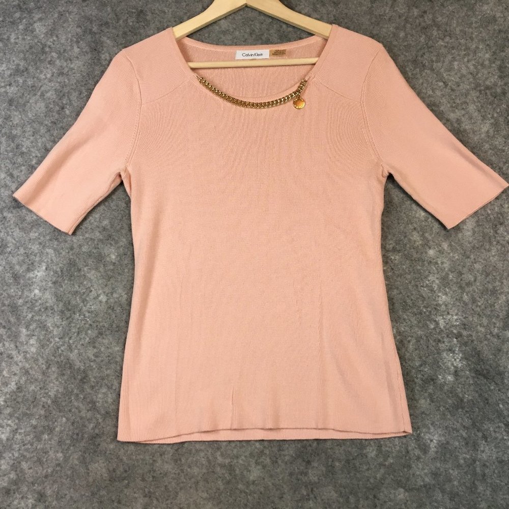 Calvin Klein Top S Solid Pink Gold Chain Detail Fine Gauge Knit Elbow Career